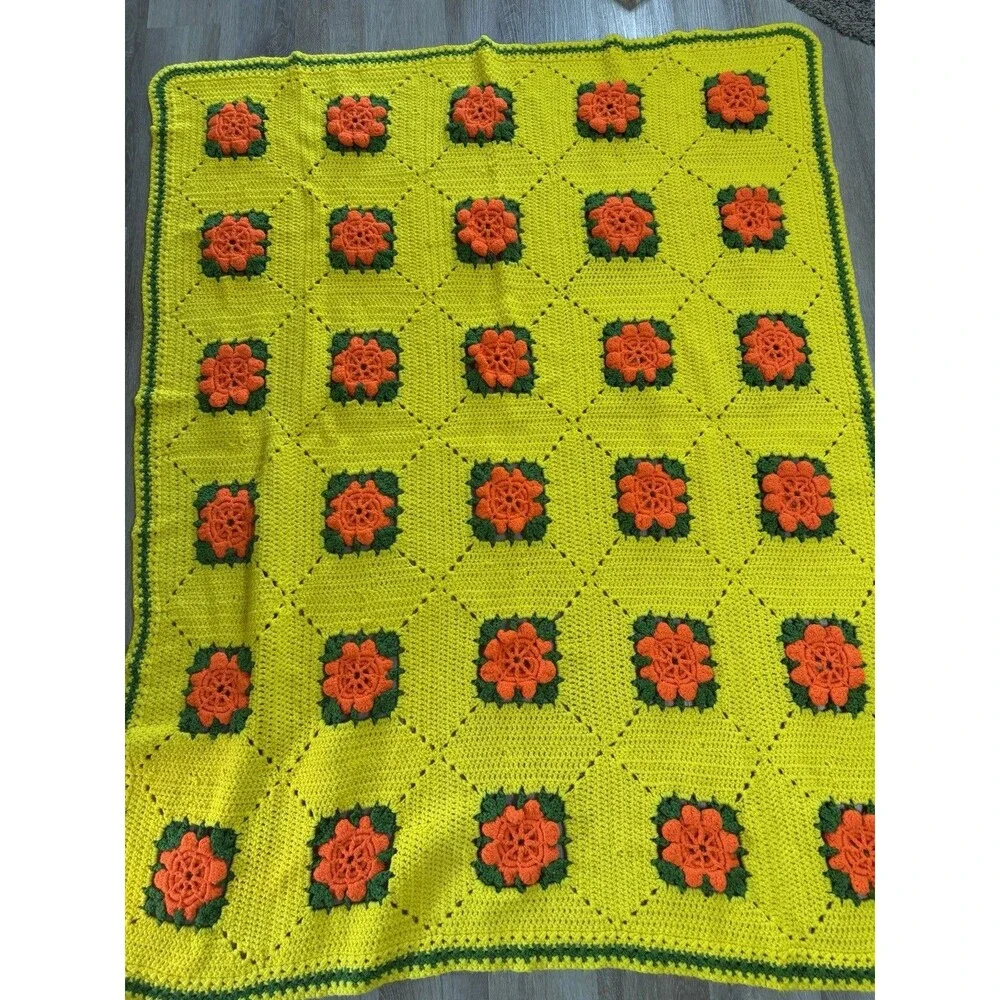 Vintage Handmade 3D Roses Crochet Afghan Blanket Yellow Green Orange 70s 52x63